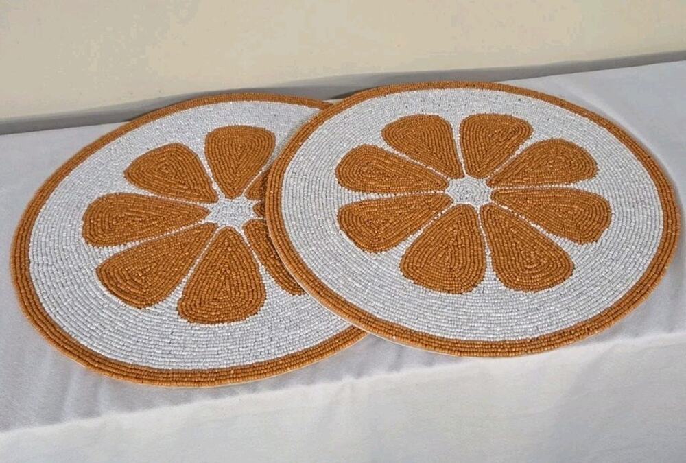 2pc Ashland Citrus Orange 14" Hand Beaded Placemat Centerpiece Set